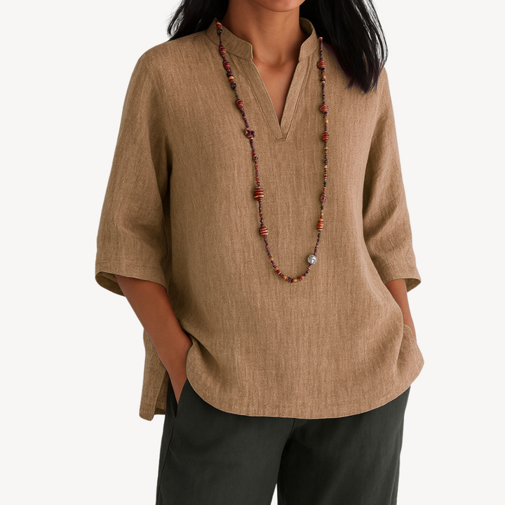 Mara | Stand Collar V-Neck Three-Quarter Sleeve Relaxed Linen Tunic Top