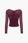 Vera | Mesh Overlay Crossover Ruched Long Sleeve Crop Top