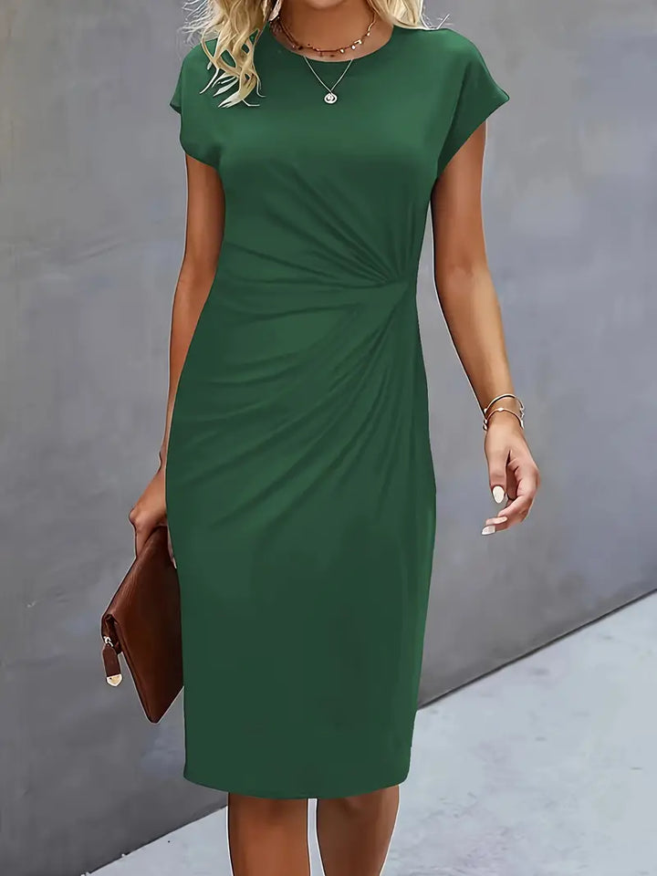 Audrey | Round Neck Ruched Waist Cap Sleeve Bodycon Midi Dress