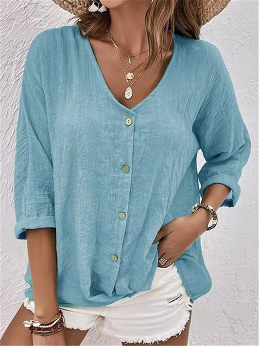 Lena | V-Neck Button-Front Three-Quarter Sleeve Linen Top