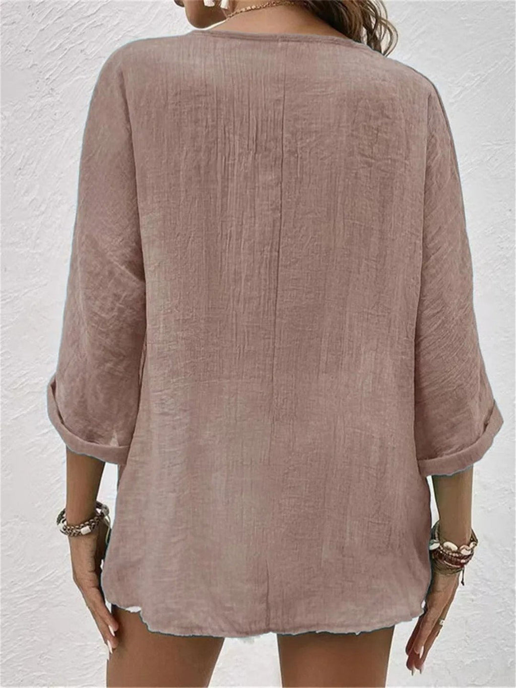 Lena | V-Neck Button-Front Three-Quarter Sleeve Linen Top