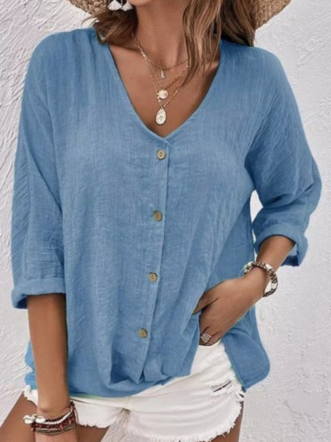 Lena | V-Neck Button-Front Three-Quarter Sleeve Linen Top