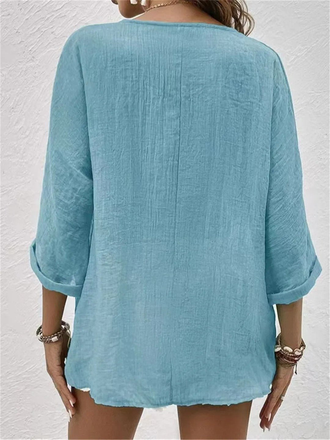 Lena | V-Neck Button-Front Three-Quarter Sleeve Linen Top