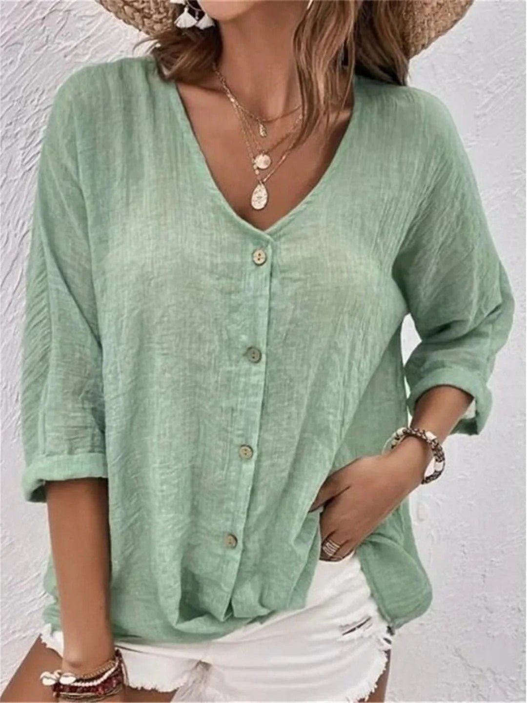 Lena | V-Neck Button-Front Three-Quarter Sleeve Linen Top