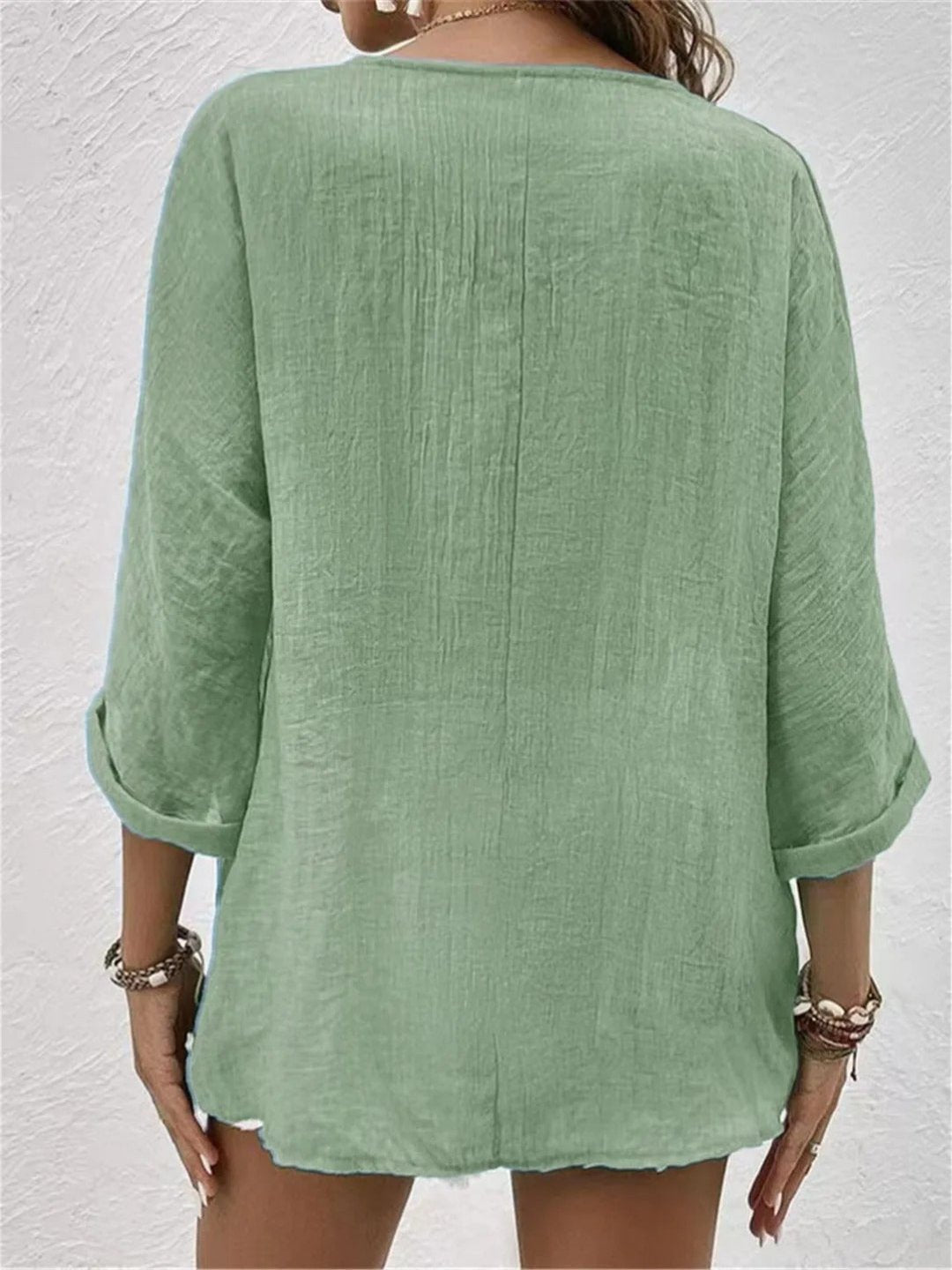 Lena | V-Neck Button-Front Three-Quarter Sleeve Linen Top