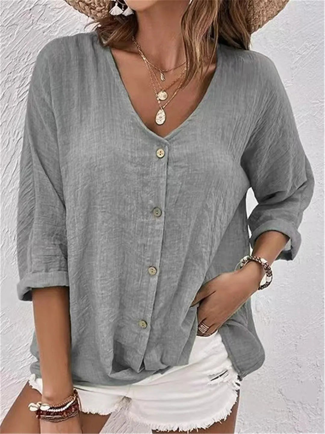 Lena | V-Neck Button-Front Three-Quarter Sleeve Linen Top