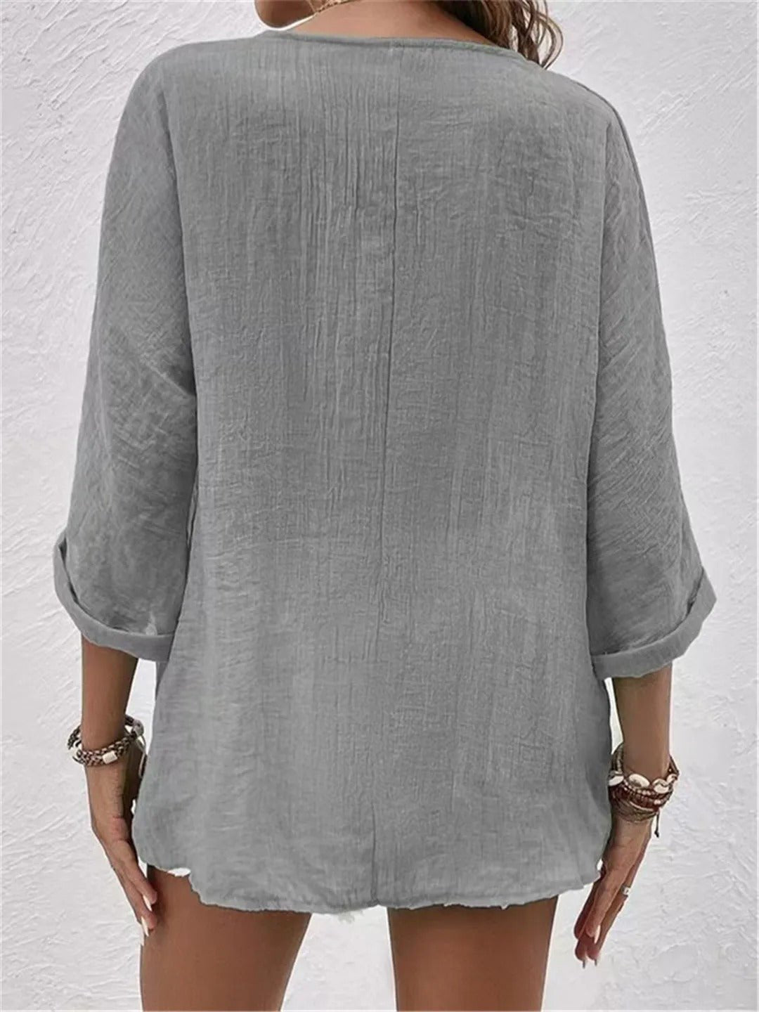 Lena | V-Neck Button-Front Three-Quarter Sleeve Linen Top