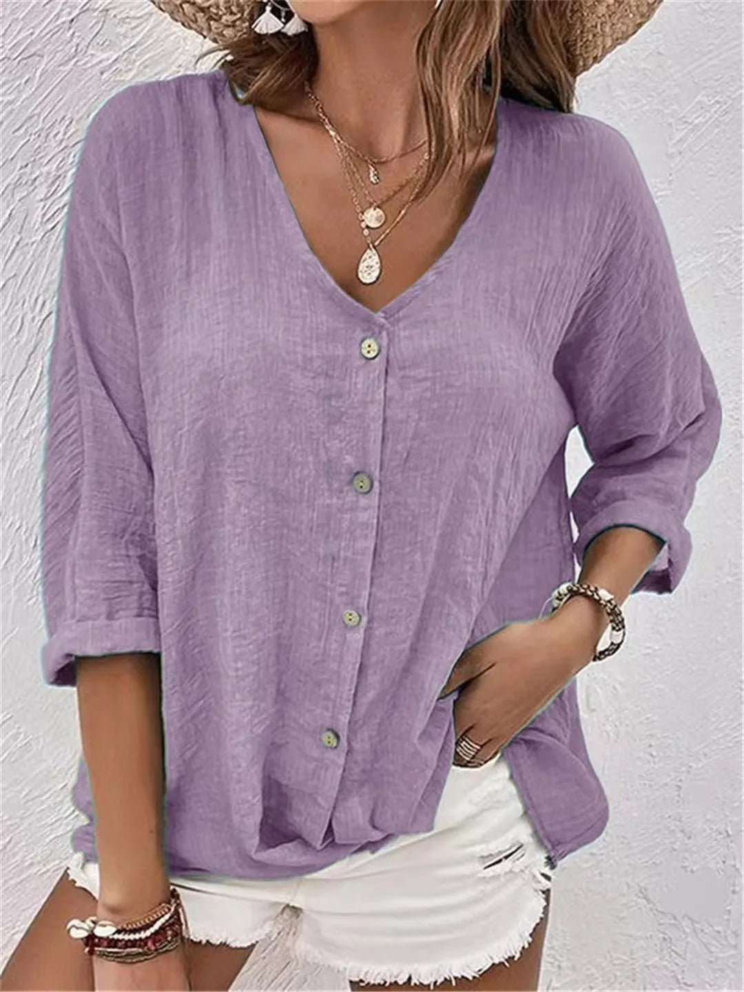 Lena | V-Neck Button-Front Three-Quarter Sleeve Linen Top