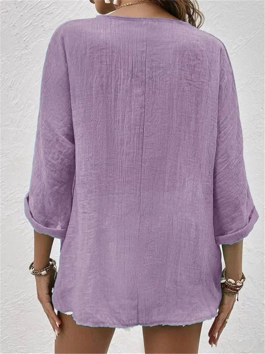 Lena | V-Neck Button-Front Three-Quarter Sleeve Linen Top