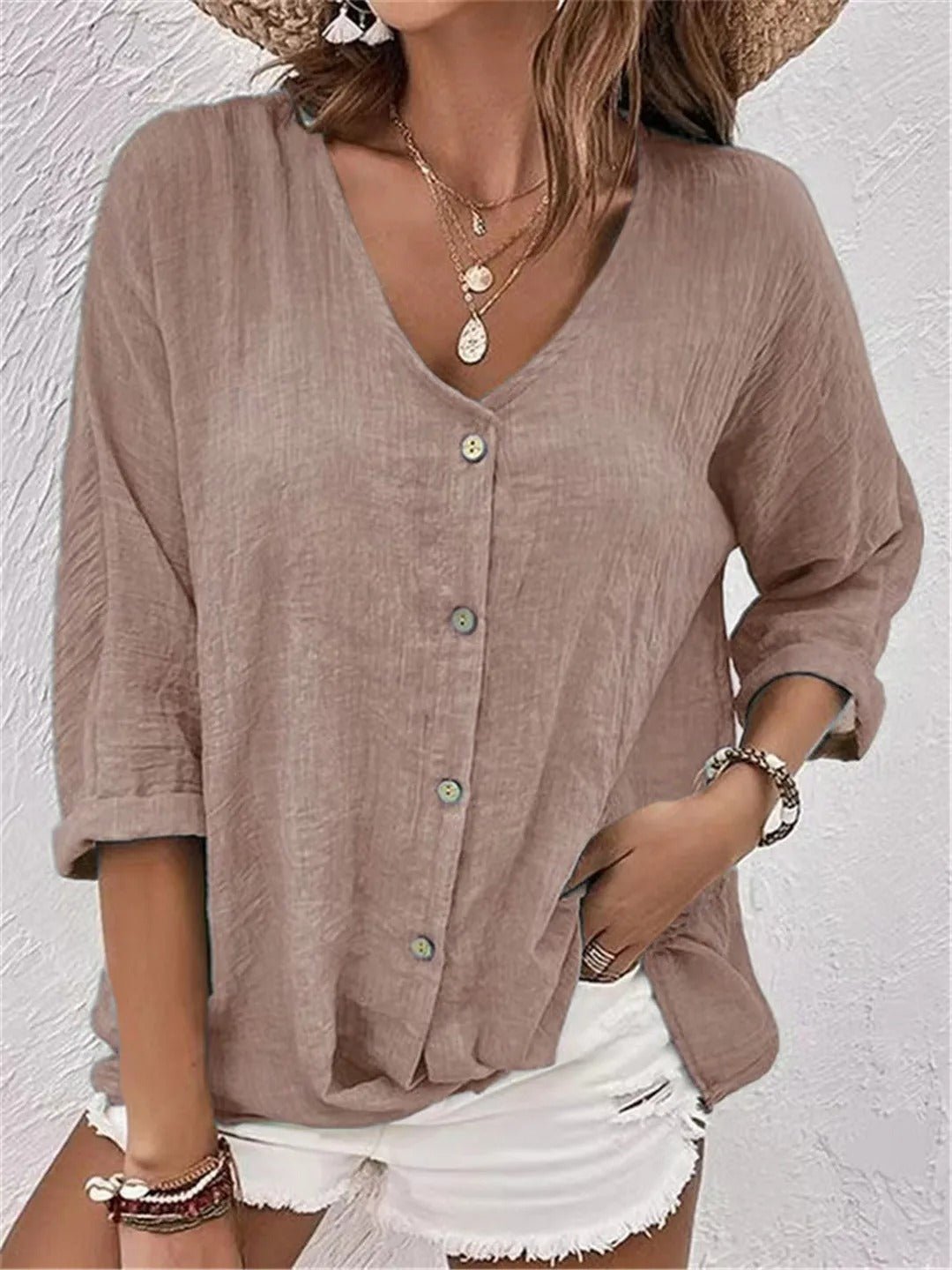 Lena | V-Neck Button-Front Three-Quarter Sleeve Linen Top