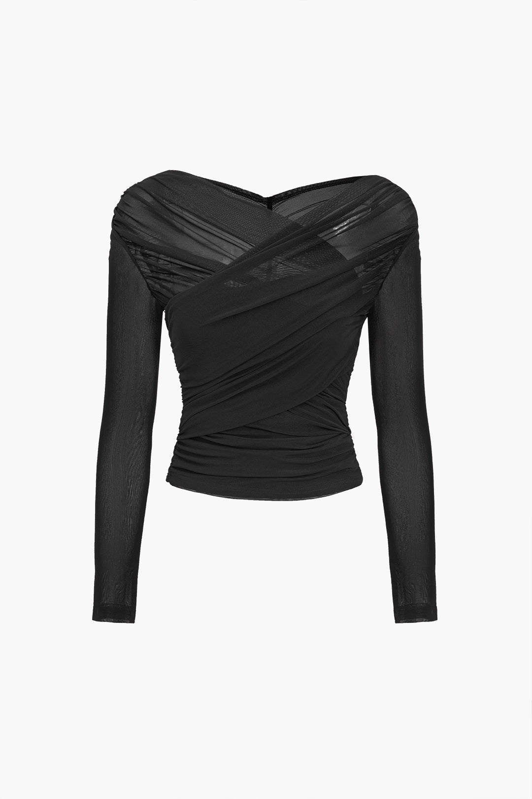 Vera | Mesh Overlay Crossover Ruched Long Sleeve Crop Top