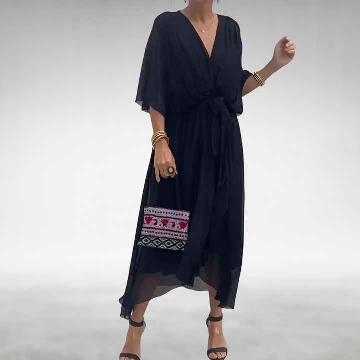 Sage | Chiffon V-Neck Batwing Sleeve Belted Midi Dress