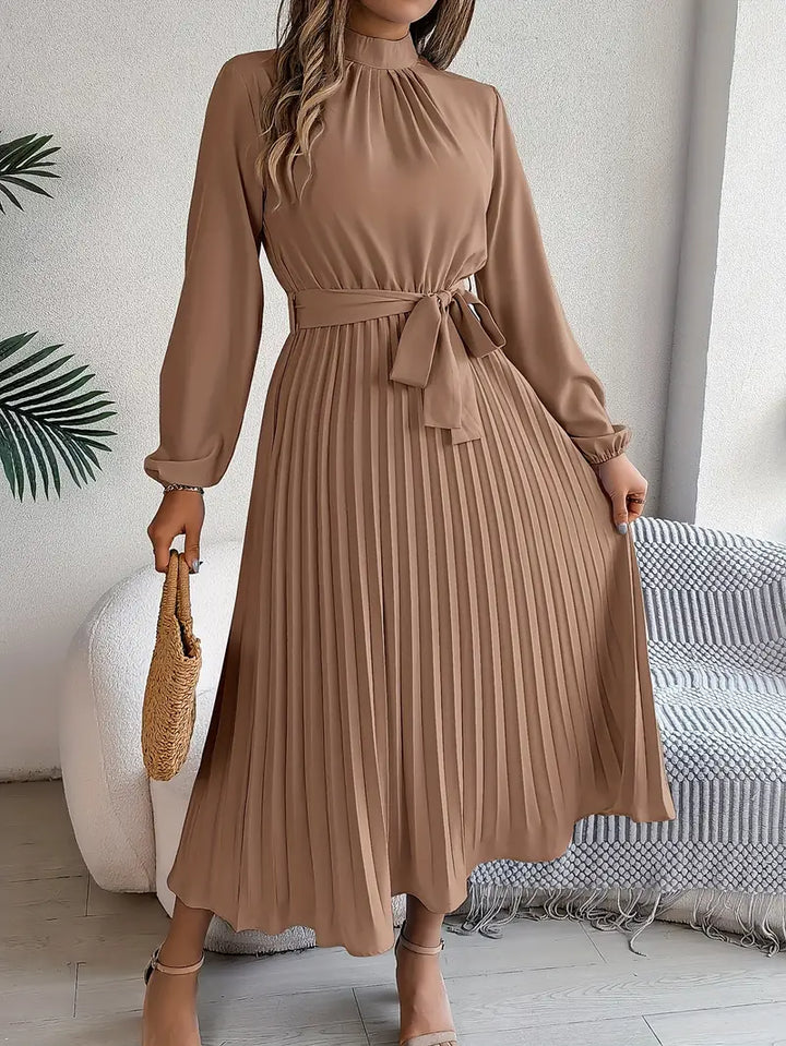 Celeste | Pleated Belted Mock-Neck Midi Dress