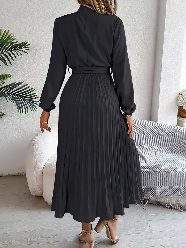 Celeste | Pleated Belted Mock-Neck Midi Dress