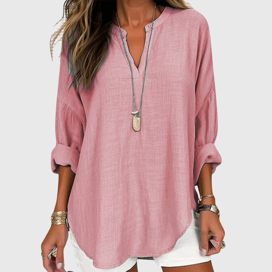 Breezy | V-Neck Henley Roll Sleeve Curved Hem Relaxed Linen Shirt