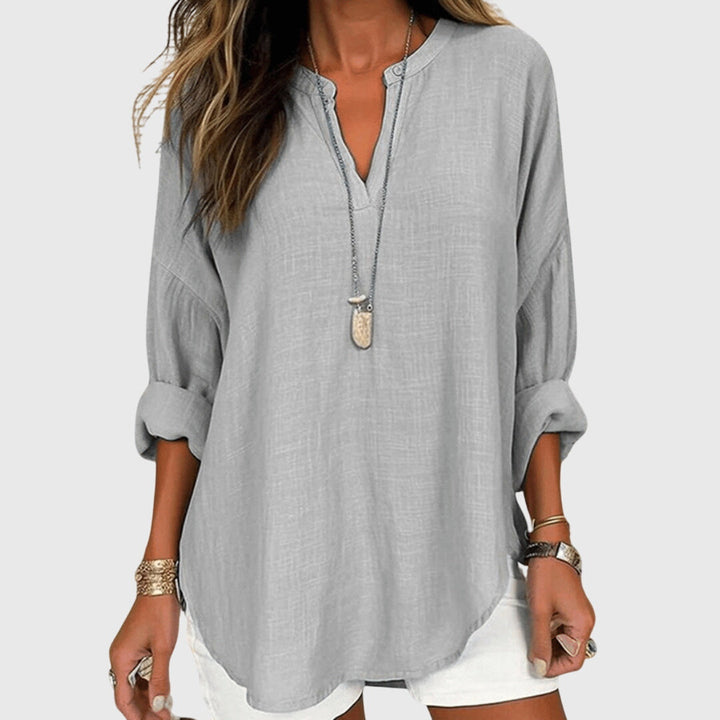 Breezy | V-Neck Henley Roll Sleeve Curved Hem Relaxed Linen Shirt