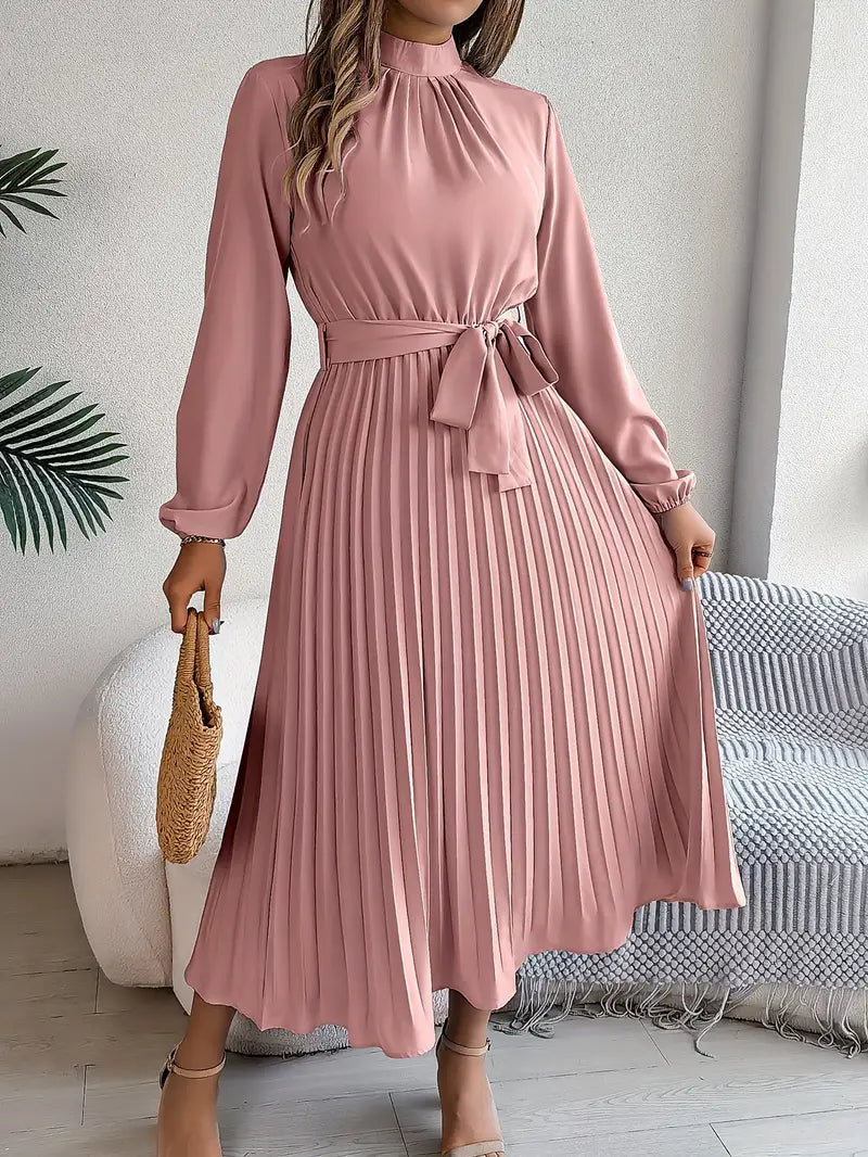 Celeste | Pleated Belted Mock-Neck Midi Dress