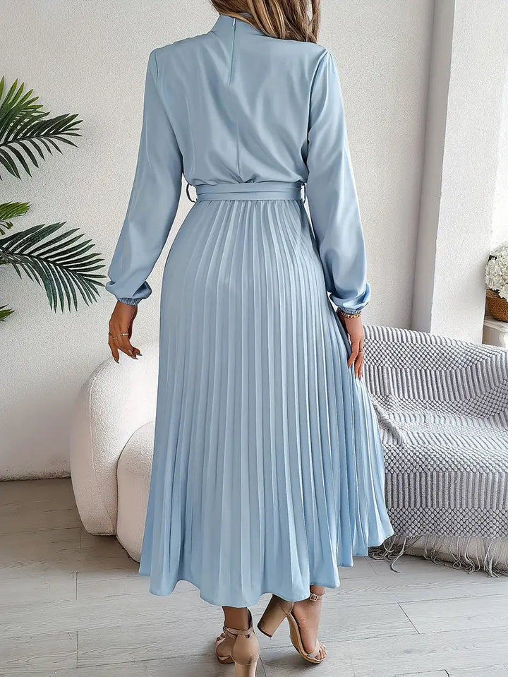 Celeste | Pleated Belted Mock-Neck Midi Dress