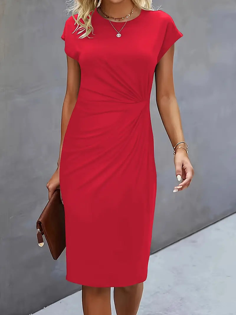 Audrey | Round Neck Ruched Waist Cap Sleeve Bodycon Midi Dress