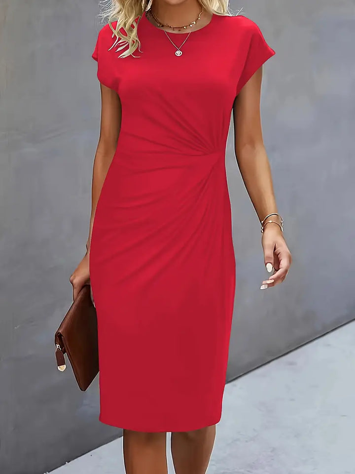 Audrey | Round Neck Ruched Waist Cap Sleeve Bodycon Midi Dress