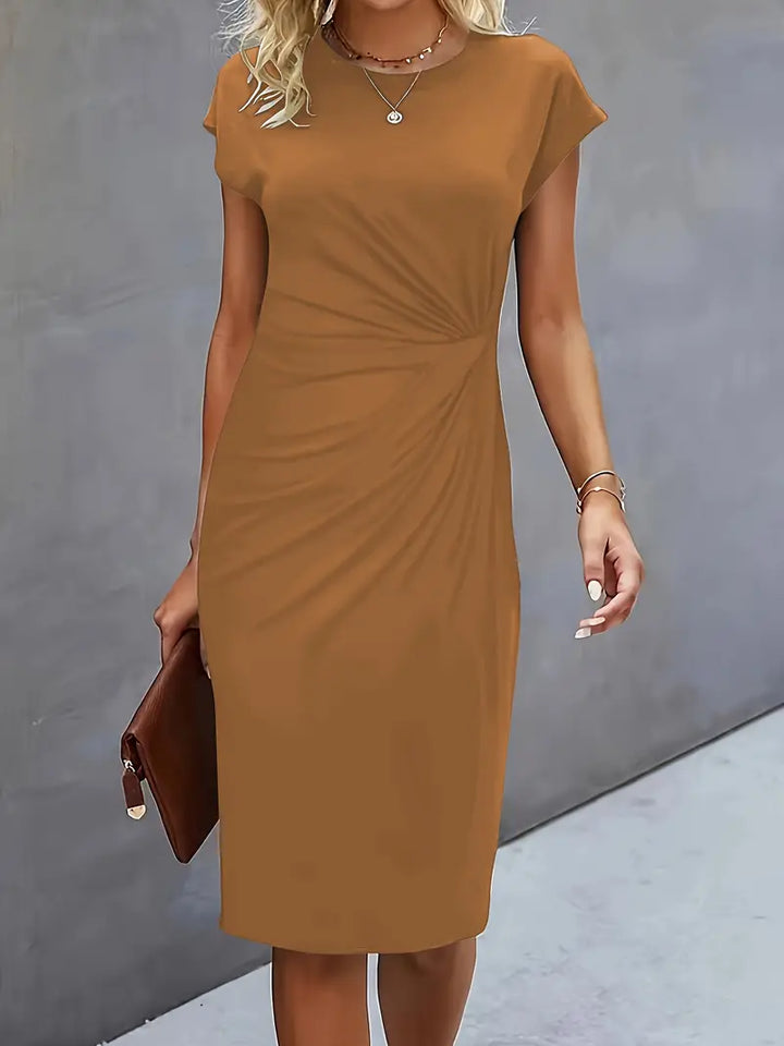 Audrey | Round Neck Ruched Waist Cap Sleeve Bodycon Midi Dress