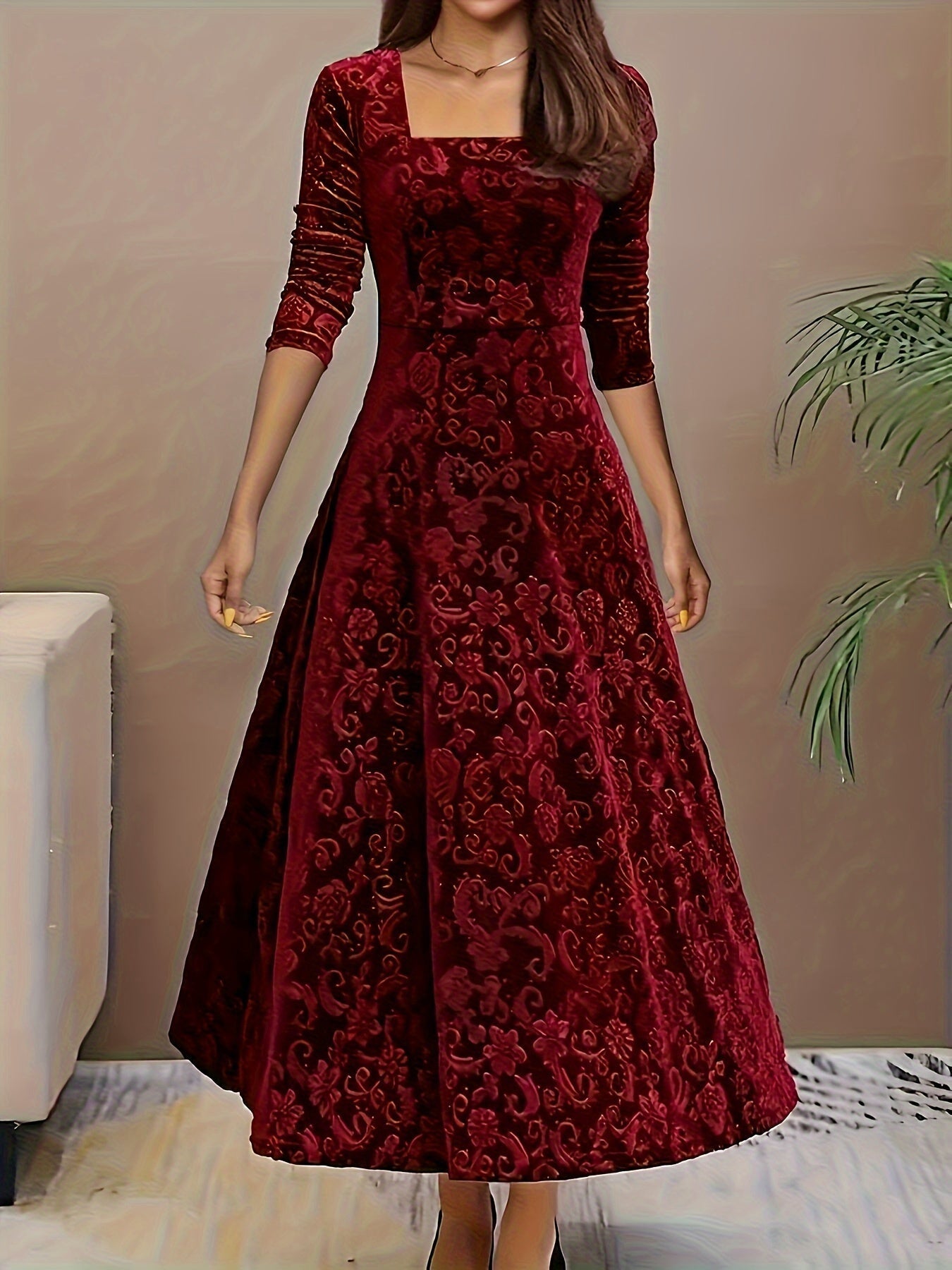 Domenica | Women's Square Neck Velvet Midi Dress