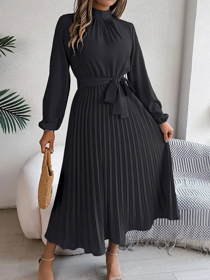 Celeste | Pleated Belted Mock-Neck Midi Dress