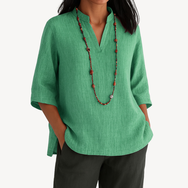 Mara | Stand Collar V-Neck Three-Quarter Sleeve Relaxed Linen Tunic Top