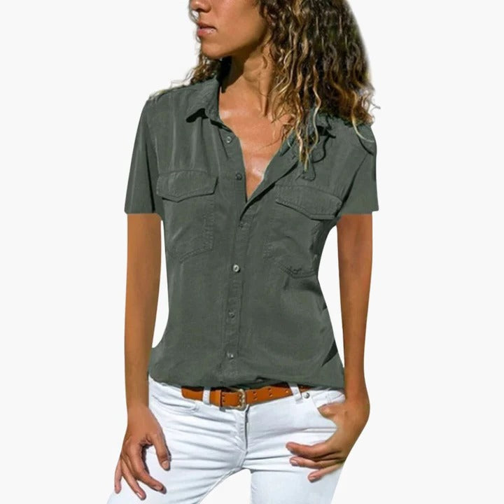 Jade | Point Collar Dual Chest Pocket Button-Front Short Sleeve Fitted Shirt