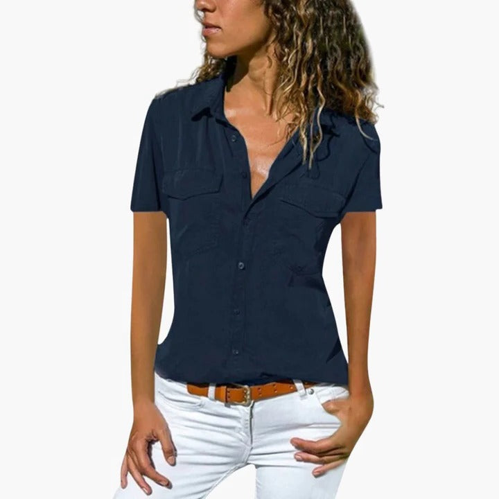 Jade | Point Collar Dual Chest Pocket Button-Front Short Sleeve Fitted Shirt