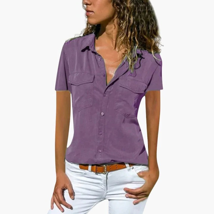 Jade | Point Collar Dual Chest Pocket Button-Front Short Sleeve Fitted Shirt