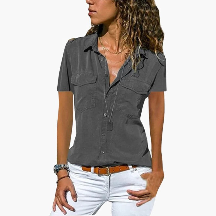 Jade | Point Collar Dual Chest Pocket Button-Front Short Sleeve Fitted Shirt