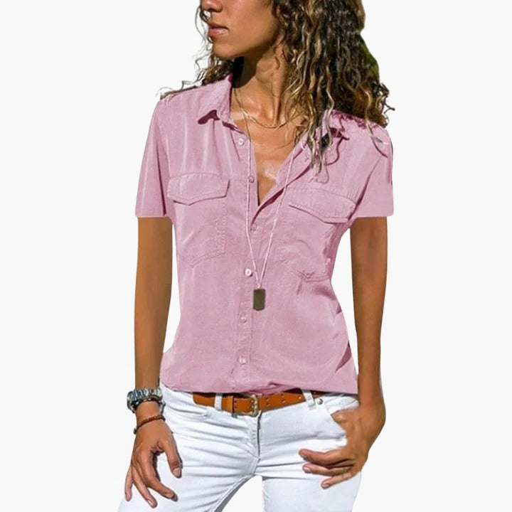 Jade | Point Collar Dual Chest Pocket Button-Front Short Sleeve Fitted Shirt