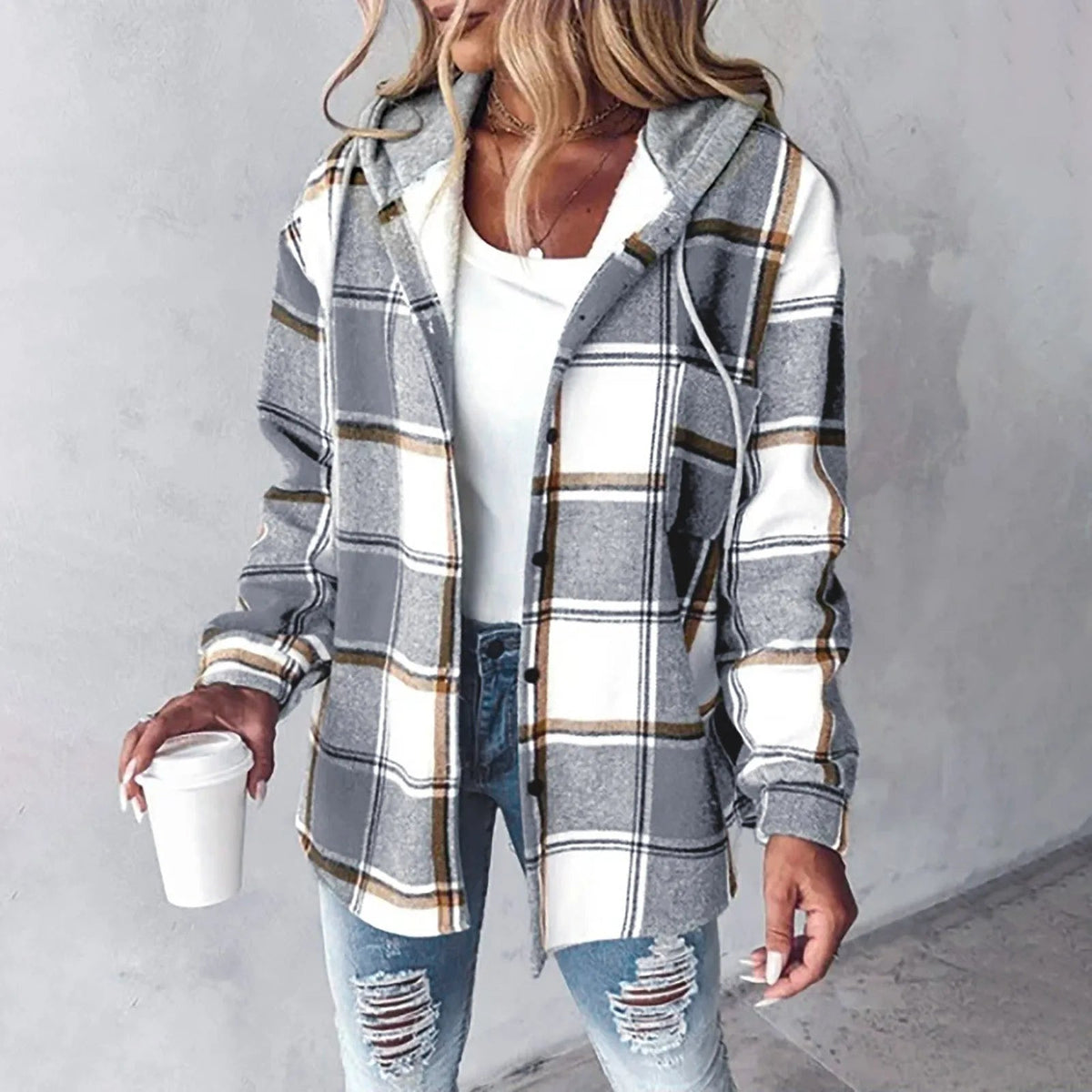 Tina | Women's Plaid Hooded Button-Up Shacket