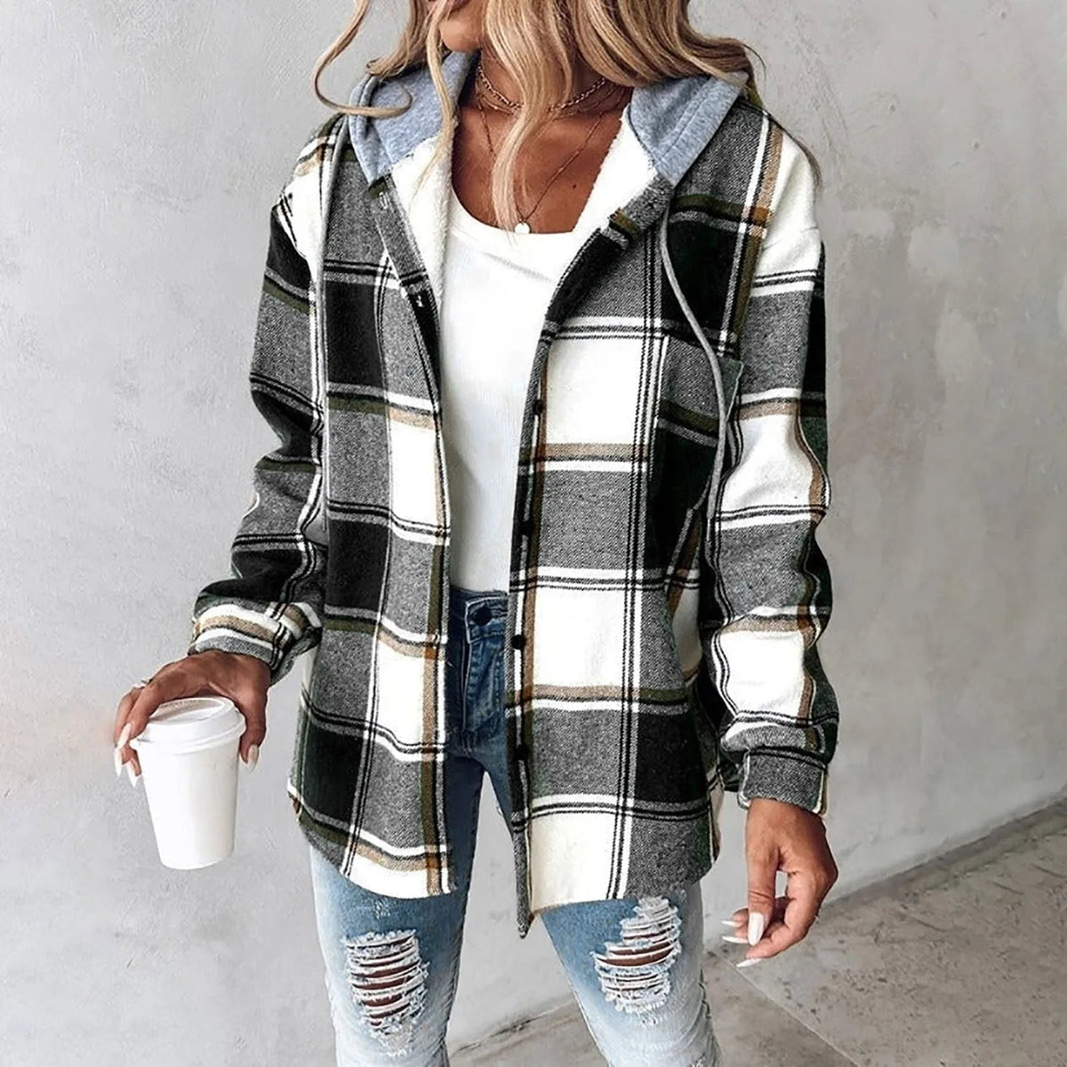 Tina | Women's Plaid Hooded Button-Up Shacket