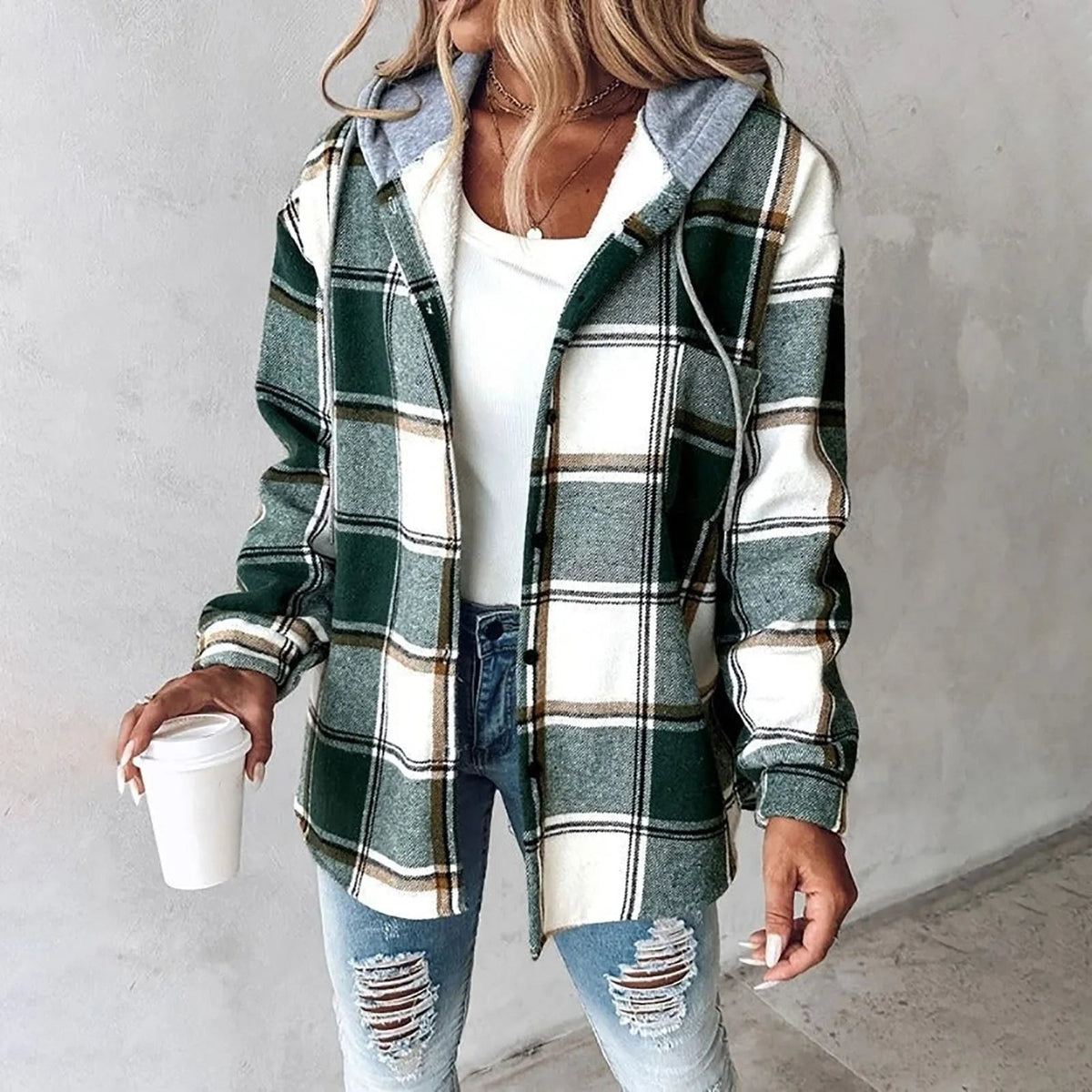 Tina | Women's Plaid Hooded Button-Up Shacket