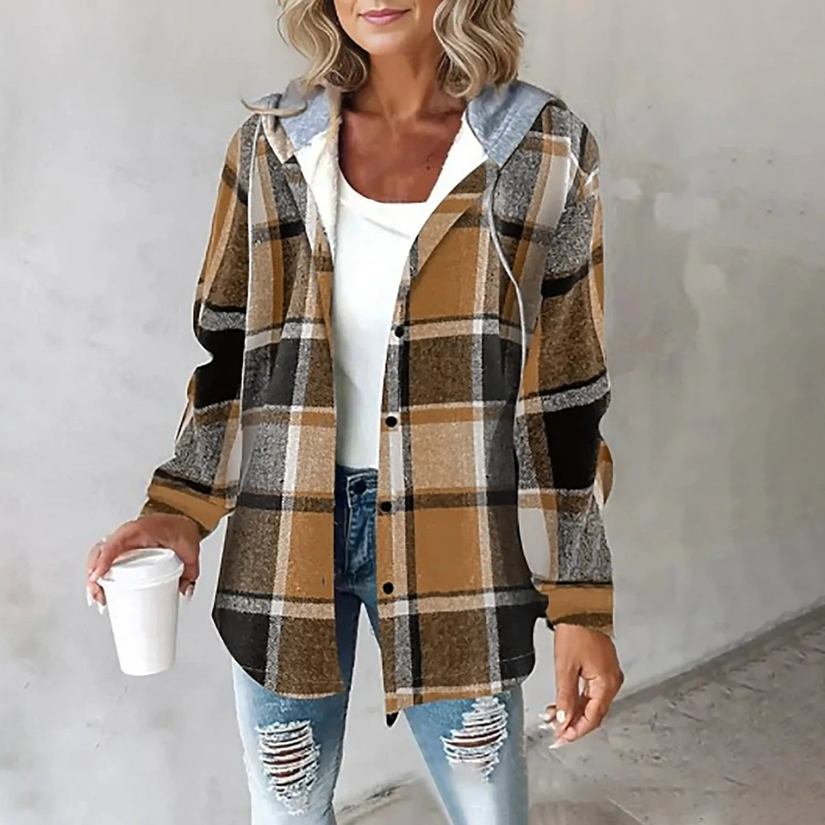 Tina | Women's Plaid Hooded Button-Up Shacket