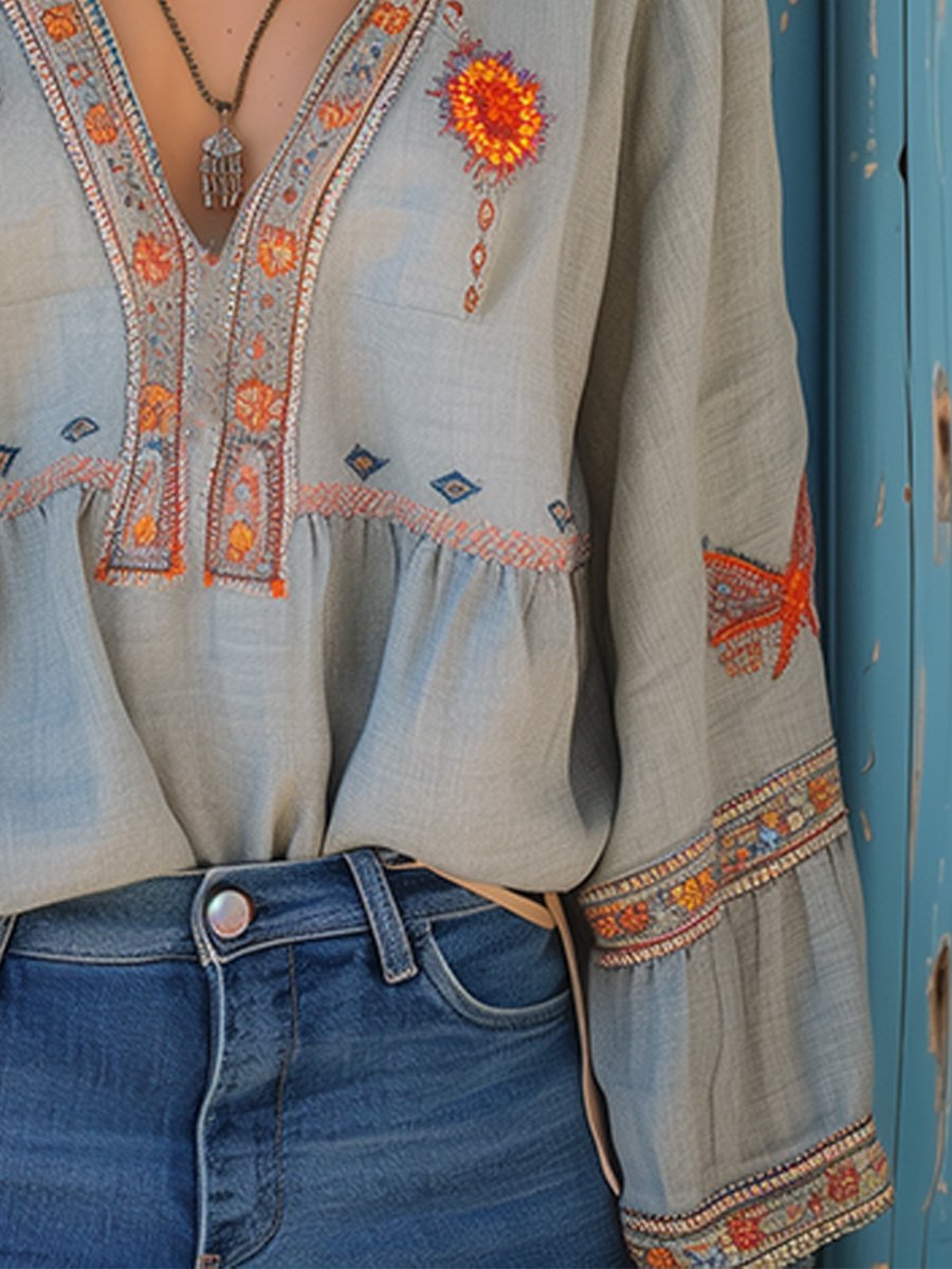 Indie | V-Neck Floral Embroidered Bell Sleeve Boho Blouse