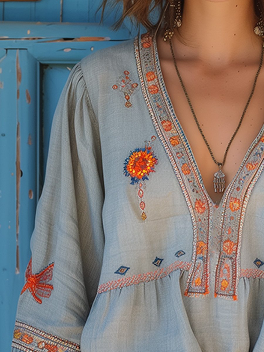 Indie | V-Neck Floral Embroidered Bell Sleeve Boho Blouse