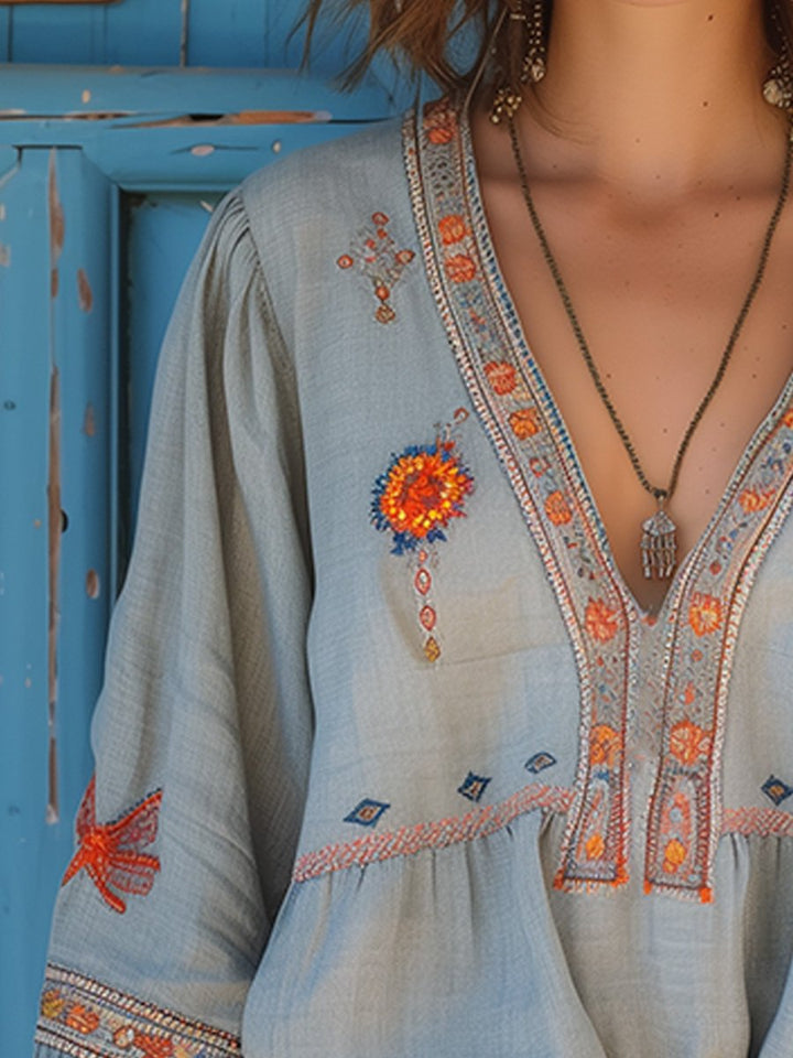 Indie | V-Neck Floral Embroidered Bell Sleeve Boho Blouse