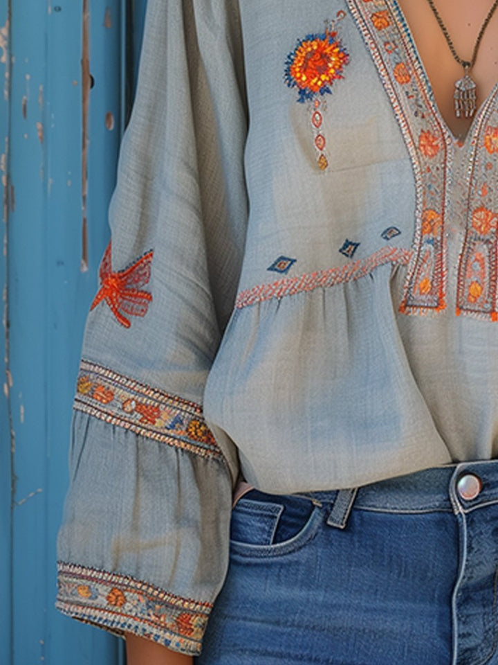 Indie | V-Neck Floral Embroidered Bell Sleeve Boho Blouse