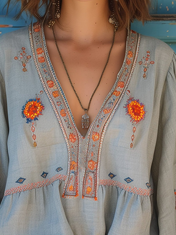 Indie | V-Neck Floral Embroidered Bell Sleeve Boho Blouse