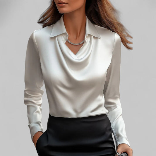 Lacey | Point Collar Cowl Drape Long Sleeve Fitted Satin Blouse