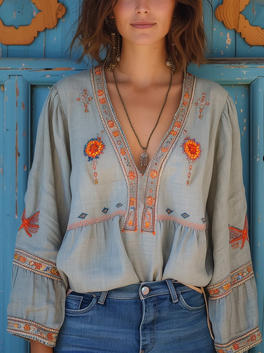 Indie | V-Neck Floral Embroidered Bell Sleeve Boho Blouse