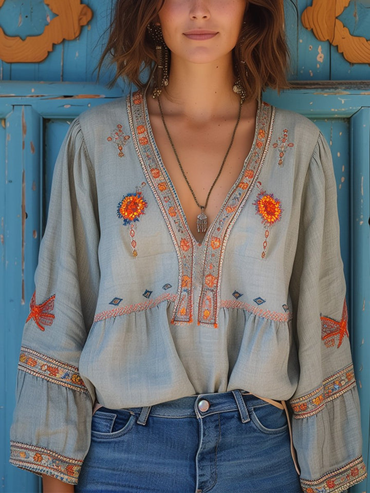 Indie | V-Neck Floral Embroidered Bell Sleeve Boho Blouse