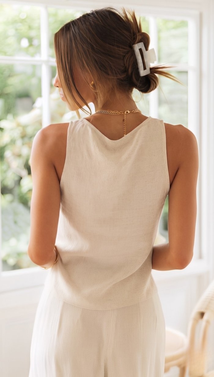 Lena | V-Neck Ruched Drawstring Crop Top & Wide Leg Trouser Linen Set