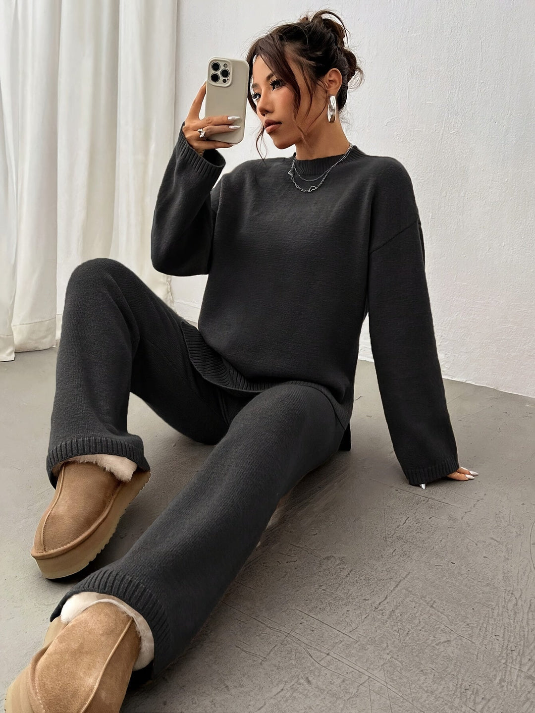 Cara | Mock Neck Oversized Knit Sweater & Wide Leg Knit Trouser Lounge Set