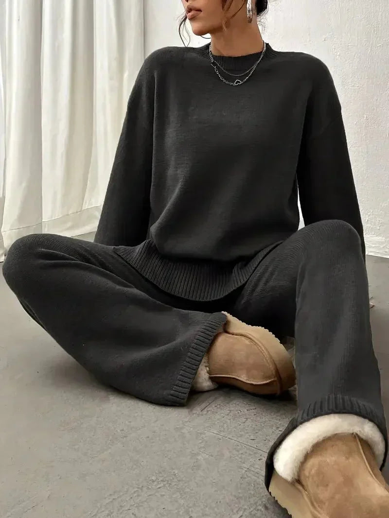 Cara | Mock Neck Oversized Knit Sweater & Wide Leg Knit Trouser Lounge Set