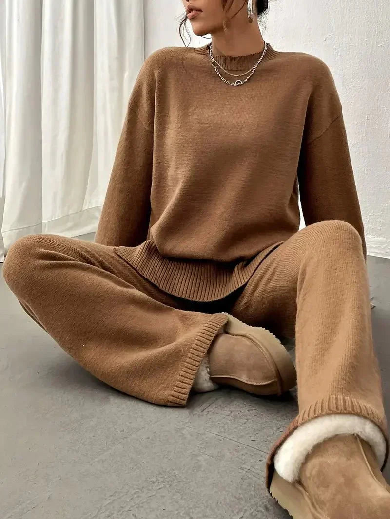 Cara | Mock Neck Oversized Knit Sweater & Wide Leg Knit Trouser Lounge Set