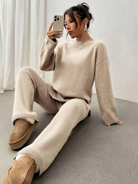 Cara | Mock Neck Oversized Knit Sweater & Wide Leg Knit Trouser Lounge Set